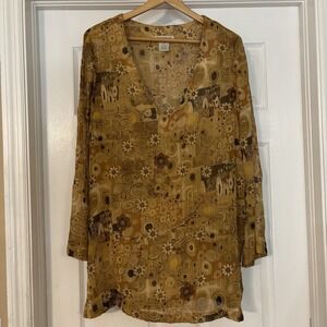 TravelSmith Top Womens M Golden Sheer Cover Up Flare Sleeve Artsy Boho Sparkly